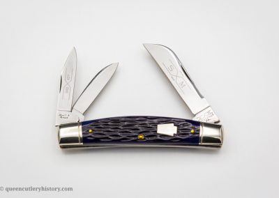 "Schatt & Morgan pocketknife Keystone Series VII, 3 blades, deep blue bone handles with keystone shield, brass liners, NS coined bolsters, 4", issued in 1997"