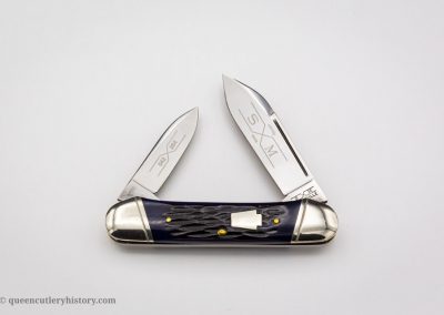 "Schatt & Morgan pocketknife Keystone Series VII, 2 blades, deep blue bone handles with keystone shield, brass liners, NS coined bolsters, 3 5/8", issued in 1997"