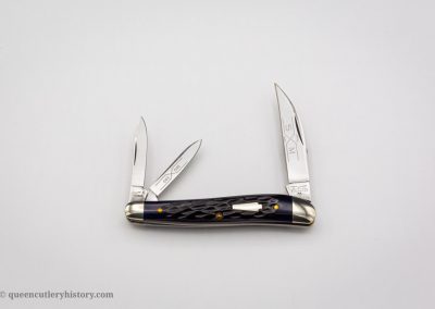 "Schatt & Morgan pocketknife Keystone Series VII, 3 blades, deep blue bone handles with keystone shield, brass liners, NS bolsters, 3 1/8", issued in 1997"