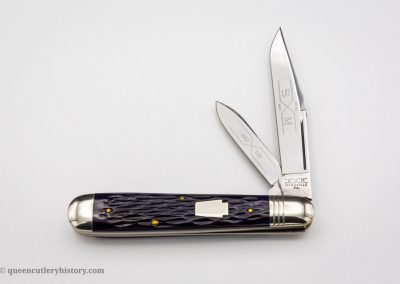 "Schatt & Morgan pocketknife Keystone Series VII English Jack, 2 blades, deep blue bone handles with keystone shield, brass liners, NS coined bolsters, 4 1/2", issued in 1997"
