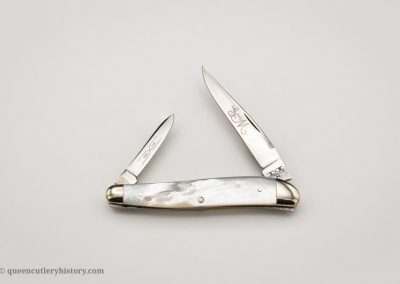 "Schatt & Morgan pocketknife, Keystone Series IX, 2-blade, pearl handles with keystone shield, brass liners, NS bolsters, 3 1/8", issued in 1999"