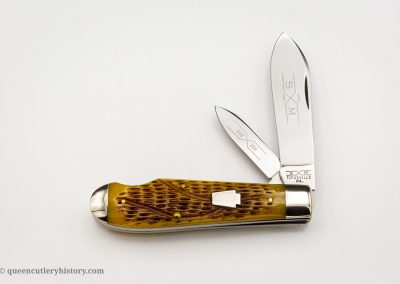 "Schatt & Morgan pocketknife, Keystone Series IX, 2-blade, jigged Sheffield antique green bone handles with keystone shield, brass liners, NS bolsters, 3 7/8", issued in 1999"