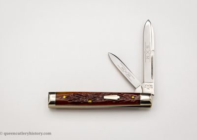 "Schatt & Morgan pocketknife, Keystone Series VIII, 2-blade, antique caramel worm groove bone handles with keystone shield, brass liners, NS bolsters, 3 1/4", issued in 1998"