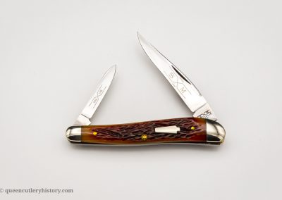"Schatt & Morgan pocketknife, Keystone Series VIII, 2-blade, antique caramel worm groove bone handles with keystone shield, brass liners, NS bolsters, 3 1/8", issued in 1998"