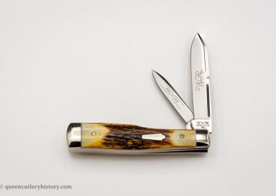 "Schatt & Morgan pocketknife, Keystone Series VIII, 2-blade, burnt stag handles with keystone shield, brass liners, NS bolsters, 3", issued in 1998"