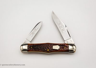 "Schatt & Morgan pocketknife Keystone Series VIII, 2 blades, antique caramel worm groove bone handles with keystone shield, brass liners, NS bolsters, 3 7/8", issued in 1998"