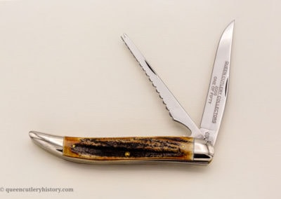 "#46, Queen fish knife 2-blade, burned stag handles, w/out over sharpening stone, brass liners, NS bolsters, Queen Cutlery Collectors, 2006 one of fifty etch, small Q over STAINLESS stamp, 5”"