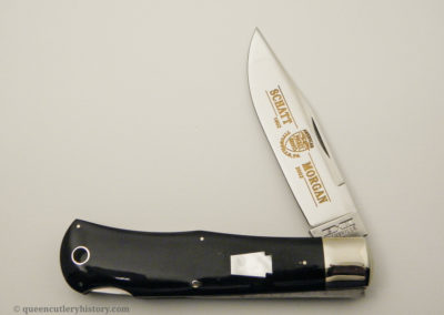 "Schatt & Morgan pocketknife, Keystone Series XII, 1-blade, buffalo horn handles with mother of pearl keystone shield, brass liners, NS bolsters, 4 1/2", issued in 2002"