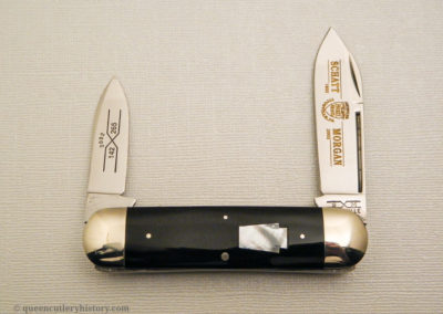 "Schatt & Morgan pocketknife, Keystone Series XII, baby sunfish, 2-blade, buffalo horn handles with mother of pearl keystone shield, brass liners, NS bolsters, 3 3/4", issued in 2002"