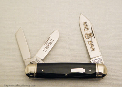 Schatt & Morgan pocketknife, Keystone Series XII, 3-blade, buffalo horn handles with mother of pearl keystone shield, brass liners, NS coined bolsters, 3 3/4", issued in 2002"
