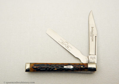 "Schatt & Morgan pocketknife, Keystone Series XIII, 2-blade, golden age jigged bone handles with sterling silver keystone shield, brass liners, NS bolsters, 3 5/8", issued in 2003"