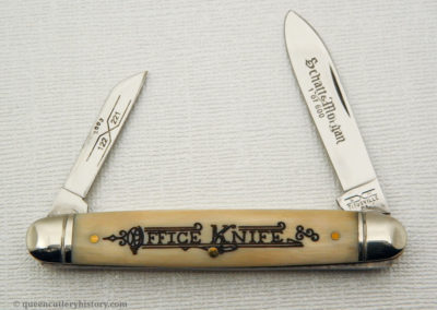 "Schatt & Morgan pocketknife, Keystone Series XIII, 2-blade, ancient wooly mammoth ivory handles with office knife laser engraved, brass liners, NS coined bolsters, 3 1/4", issued in 2003"