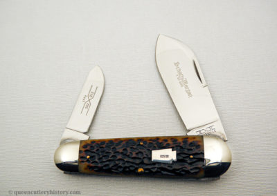 "Schatt & Morgan pocketknife, Keystone Series XIII, 2-blade, golden age jigged bone handles with sterling silver keystone shield, brass liners, NS bolsters, 4 1/2", issued in 2003"